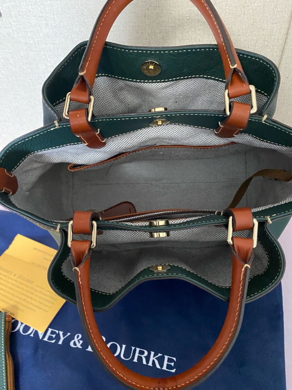 Dooney & Bourke Green Leather Tote with Brown Trim and Matching Pouch - Picture 12 of 13
